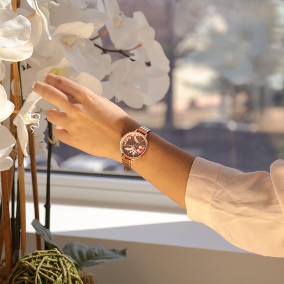 Women\'s Floral Gray/Rose Crystal Lens Smooth Leather Strap Buckle Closure Watch main image 5